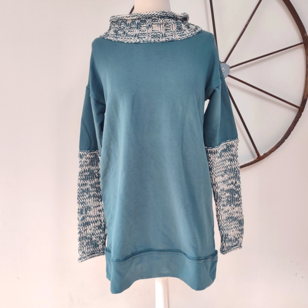 Neon Buddha cowl knit detail teal pullover tunic S nwt $120